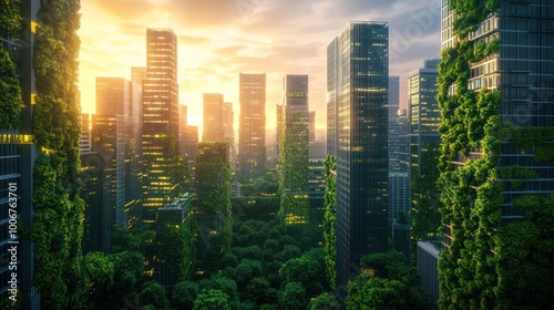 Green Cityscape at Sunset