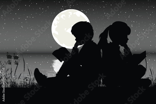 Cute Child and Moon Silhouette