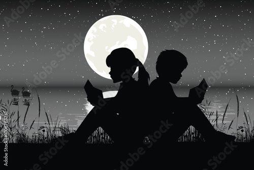 Cute Child and Moon Silhouette