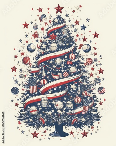 Patriotic American-themed Christmas tree adorned with flags and ornaments.