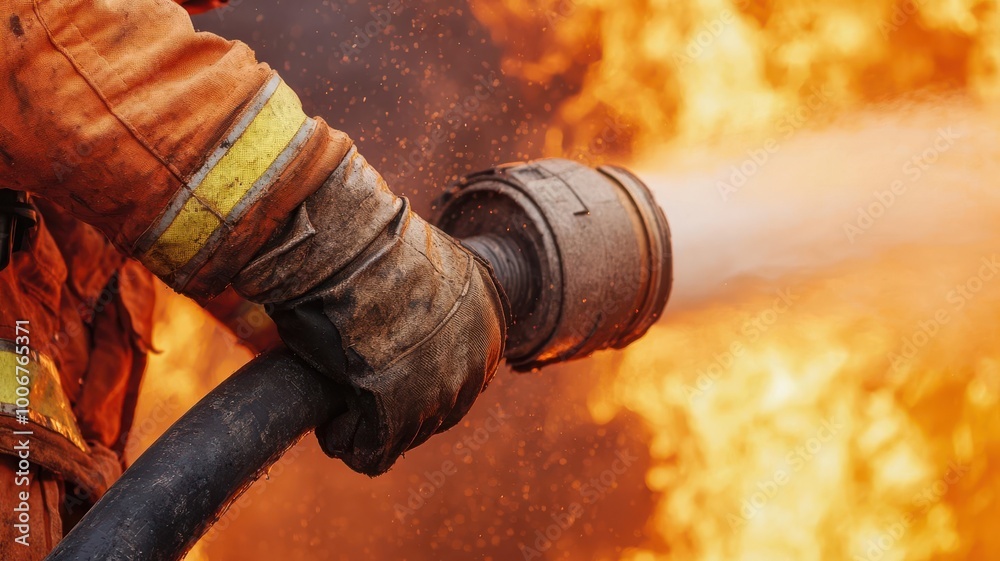 Closeup of a firefighter gripping a highpressure fire hose, focus on hands, intense focus on battling flames, emergency and rescue concept Closeup of a firefighter gripping a highpressure fire hose, focus on hands, intense focus on battling flames, emergency and rescue concept