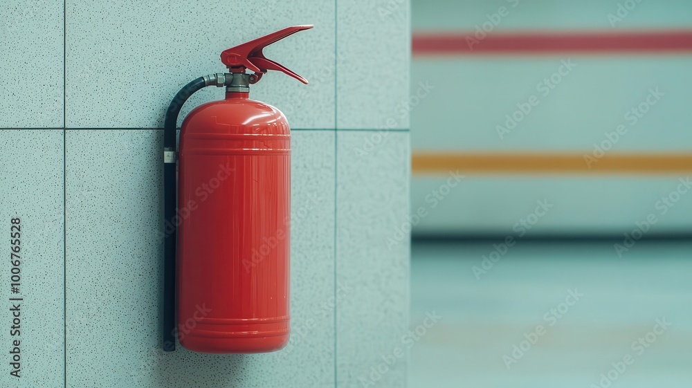 Obraz premium Emergency fire extinguisher mounted on a wall in a crowded shopping mall, safety measures in place, calm but prepared atmosphere, public safety