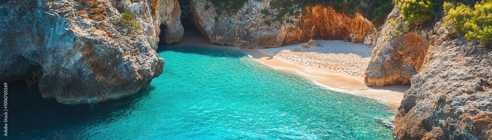 Obraz premium Secluded cove with turquoise water and rocky cliffs.