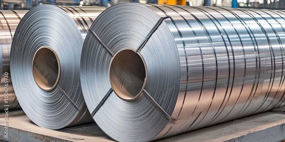 Close up of two large rolls of steel in a factory. Close up of two large rolls of steel in a factory.