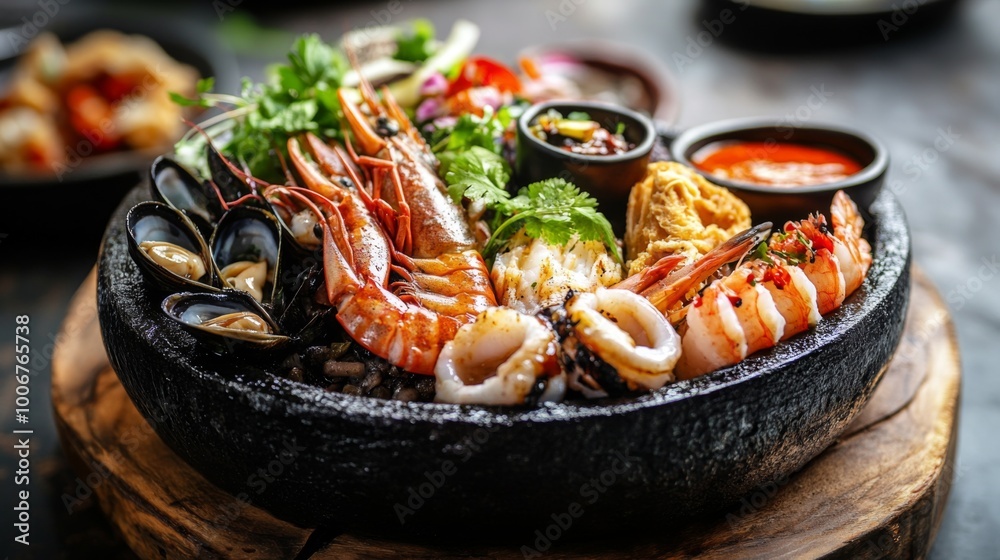 A vibrant close-up with its signature black color, topped with fresh seafood, served with a side of spicy dipping sauce on a rustic wooden board. A vibrant close-up with its signature black color, topped with fresh seafood, served with a side of spicy dipping sauce on a rustic wooden board.