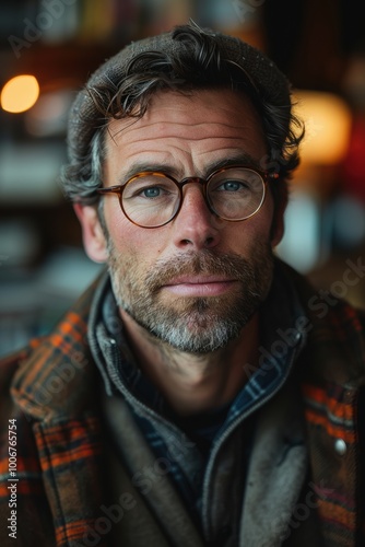 A thoughtful man with glasses and a beard stands against a softly lit background, exuding confidence and warmth on a cozy morning in an urban café