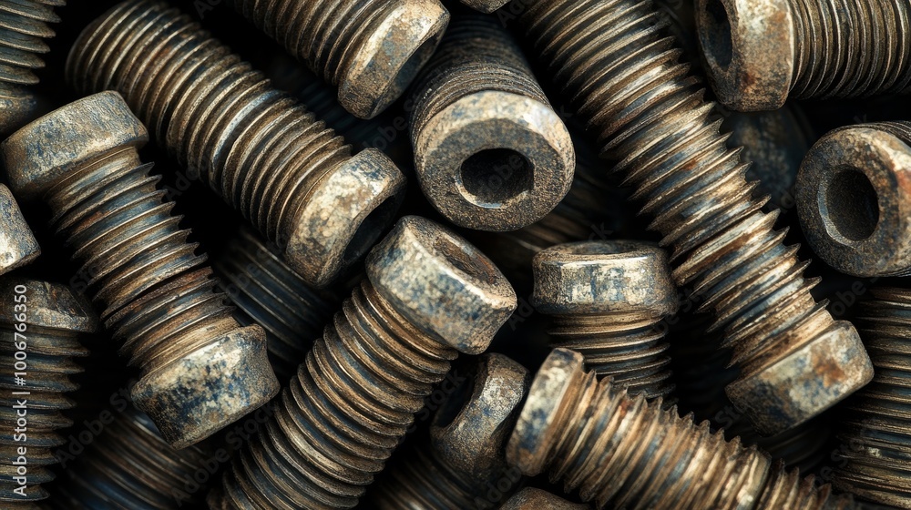 Close-up shot showcasing an assortment of rusty metal bolts, highlighting their textured surfaces and rugged appeal. Close-up shot showcasing an assortment of rusty metal bolts, highlighting their textured surfaces and rugged appeal.