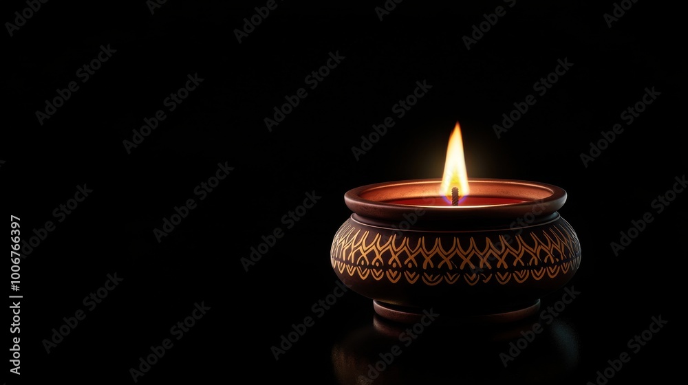 Isolated decorative diya on a clean black background with ample space for text and subtle light reflections around it Isolated decorative diya on a clean black background with ample space for text and subtle light reflections around it