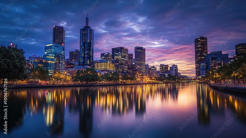Stunning cityscape at sunset with reflections on the water. Stunning cityscape at sunset with reflections on the water.