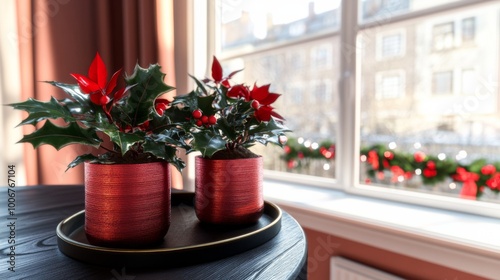 Beautiful holiday decorations with red poinsettias in stylish pots on a black table near a window decorated with festive garlands in a cozy indoor setting