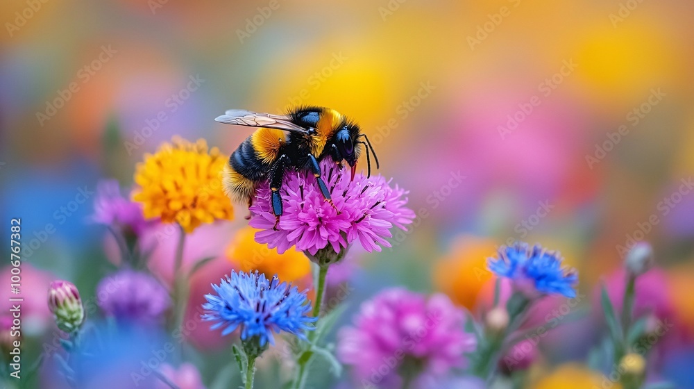 Bumblebee Pollinating Colorful Wildflowers in Meadow