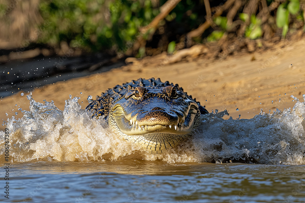 Obraz premium Crocodile emerging from the water onto a sandy bank