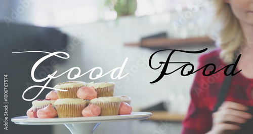 Decorating cupcakes, baker in apron with Good Food text image over scene photo