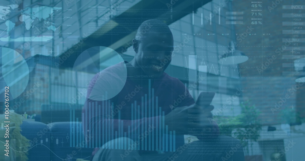 Image of financial data processing over african american businessman using smartphone Image of financial data processing over african american businessman using smartphone