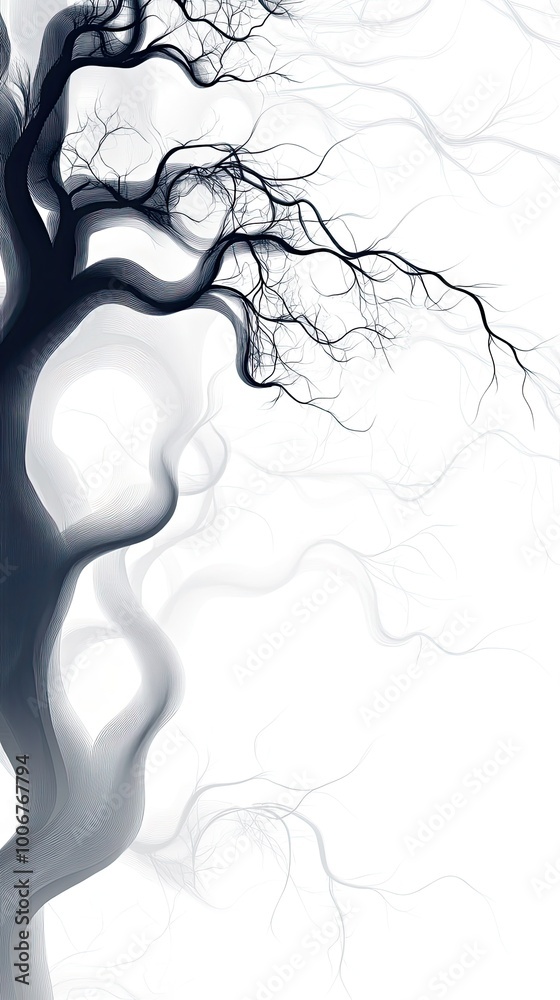 Artistic black tree silhouette with intricate branches against a soft, white background, perfect for minimalist and nature designs. Artistic black tree silhouette with intricate branches against a soft, white background, perfect for minimalist and nature designs.
