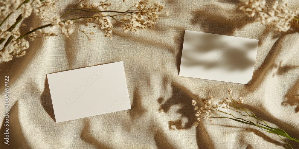 Two identical white blank cards 13x18 cm on natural beige fabric background, flat lay, view from above, boho decor, summer daylight, soft shadows. Two identical white blank cards 13x18 cm on natural beige fabric background, flat lay, view from above, boho decor, summer daylight, soft shadows.