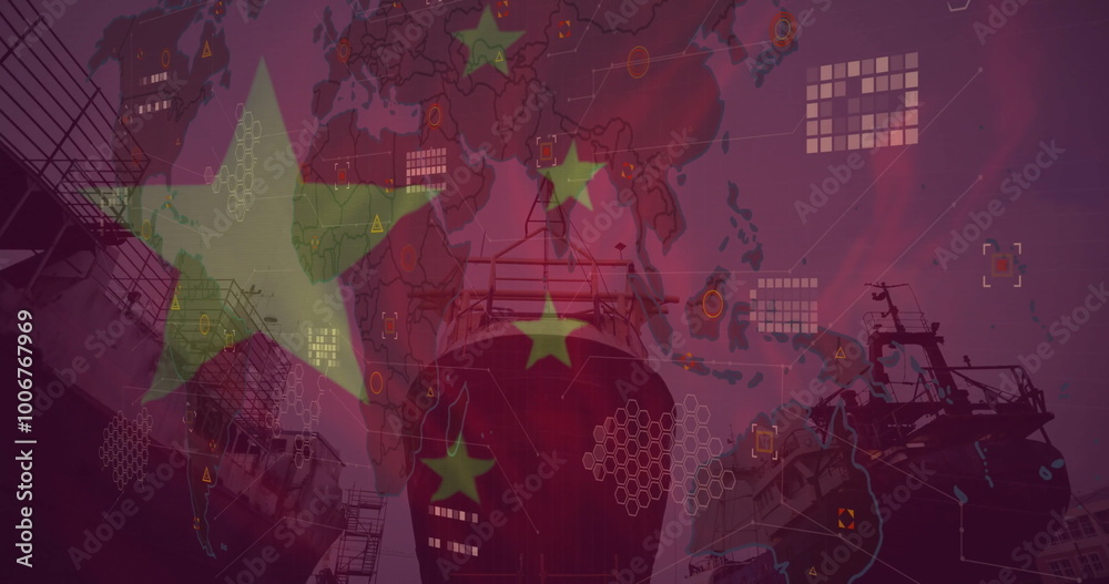 Naklejka premium Image of ships and data processing over flag of china