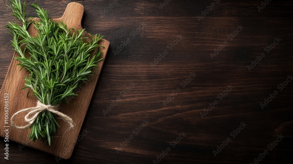 A freshly harvested bundle of rosemary herbs rests on a rustic wooden board, tied with twine, highlighting the vibrant green leaves and natural textures that evoke a sense of freshness A freshly harvested bundle of rosemary herbs rests on a rustic wooden board, tied with twine, highlighting the vibrant green leaves and natural textures that evoke a sense of freshness
