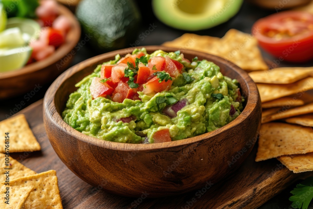 artisanal crackers encircling a wooden bowl of freshly-made guacamole, a perfect party platter idea showcased on a banner