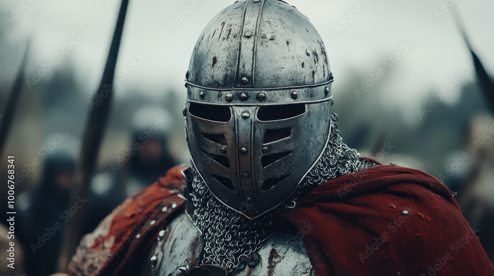 Man wearing Medieval Knights armor with heavy iron helmet on a battlefield Man wearing Medieval Knights armor with heavy iron helmet on a battlefield