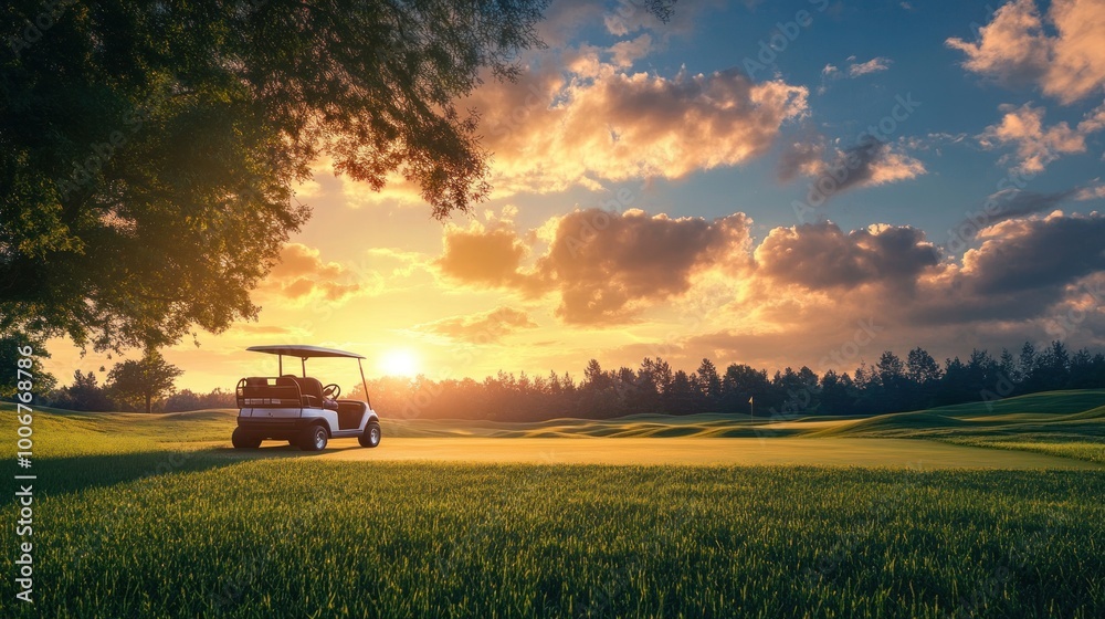 Golf Cart on a Lush Green Course at Sunset Golf Cart on a Lush Green Course at Sunset