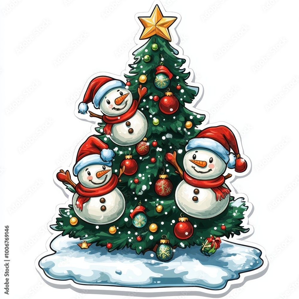 Three cheerful snowmen with red hats are decorated as a Christmas tree with festive ornaments and a star on top. Three cheerful snowmen with red hats are decorated as a Christmas tree with festive ornaments and a star on top.