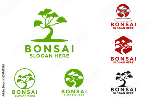 Set bundle Bonsai logo vector, Houseplant bonsai logo design template