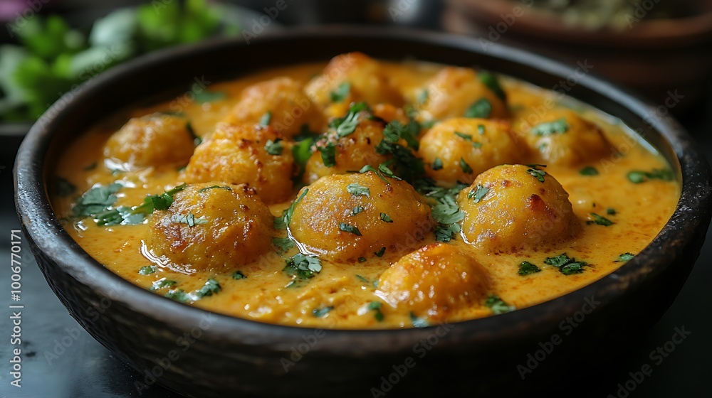 Close-up of a bowl of creamy potato curry with fresh cilantro garnish. Close-up of a bowl of creamy potato curry with fresh cilantro garnish.