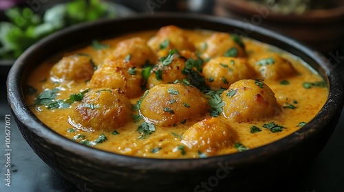 Close-up of a bowl of creamy potato curry with fresh cilantro garnish.