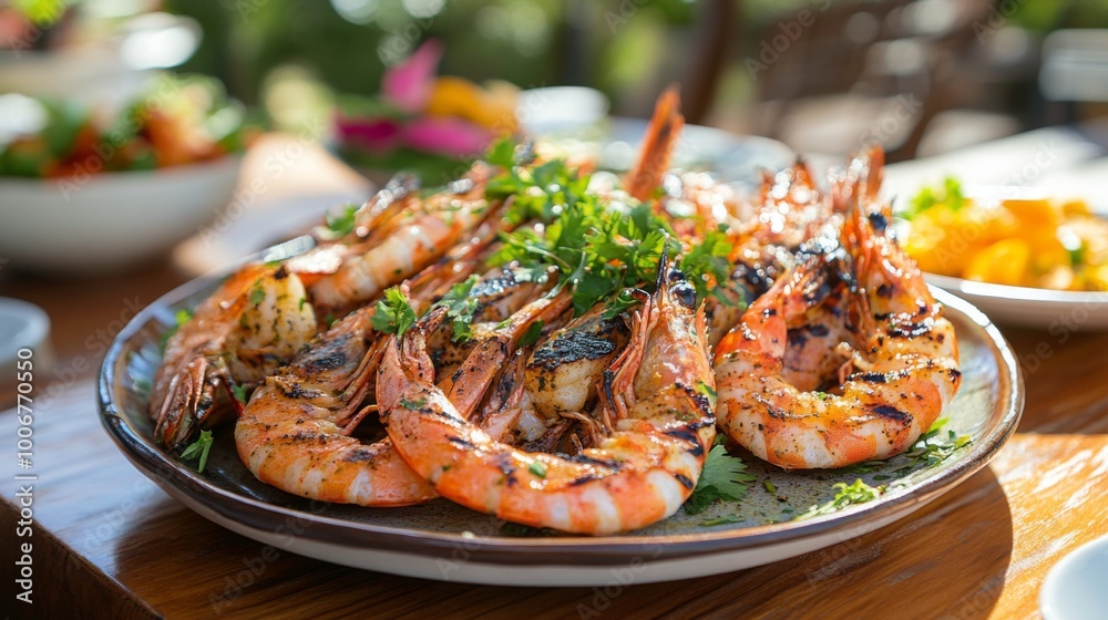 A vibrant outdoor dining scene featuring a platter of grilled shrimp served on a wooden table, garnished with fresh herbs and accompanied by colorful side dishes. A vibrant outdoor dining scene featuring a platter of grilled shrimp served on a wooden table, garnished with fresh herbs and accompanied by colorful side dishes.