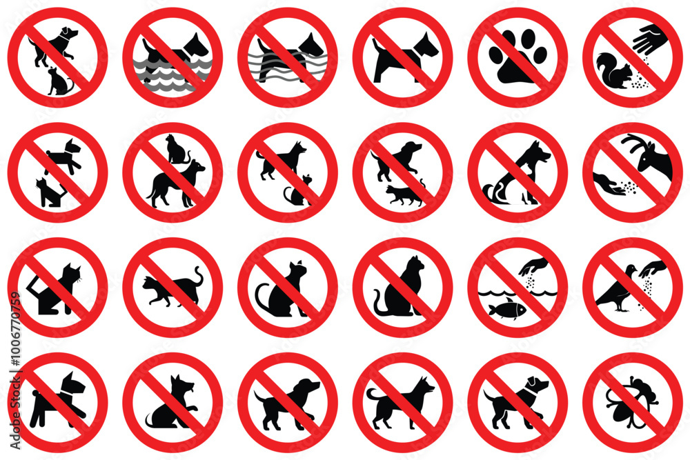Animal and pet prohibition set. No pets allowed sign no cat and dog in this area