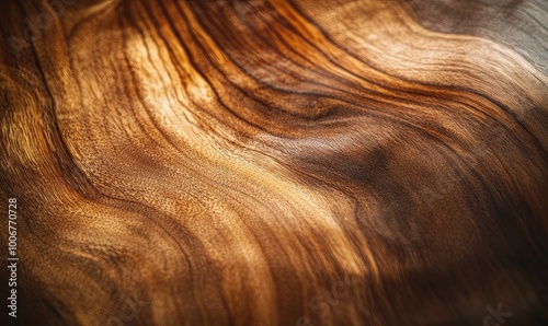 Close-up of rich, brown wood grain with a wavy pattern.