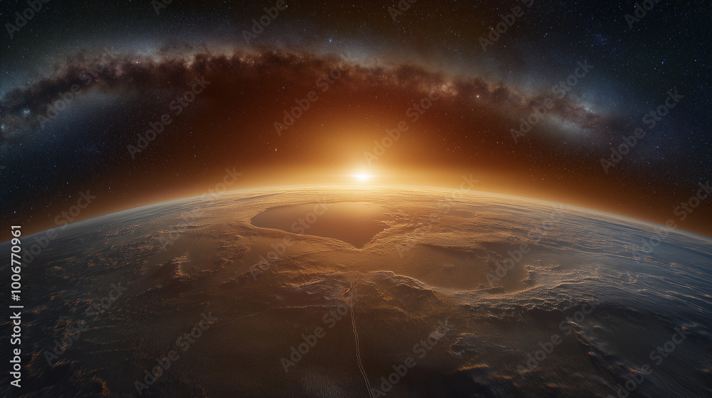 Fototapeta premium A breathtaking view of Earth from space, with the planet's curvature prominently visible. The vast expanse of the universe is filled with countless stars, creating a mesmerizing backdrop.