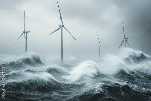 Wind turbines turning in strong winds generated by a storm photo