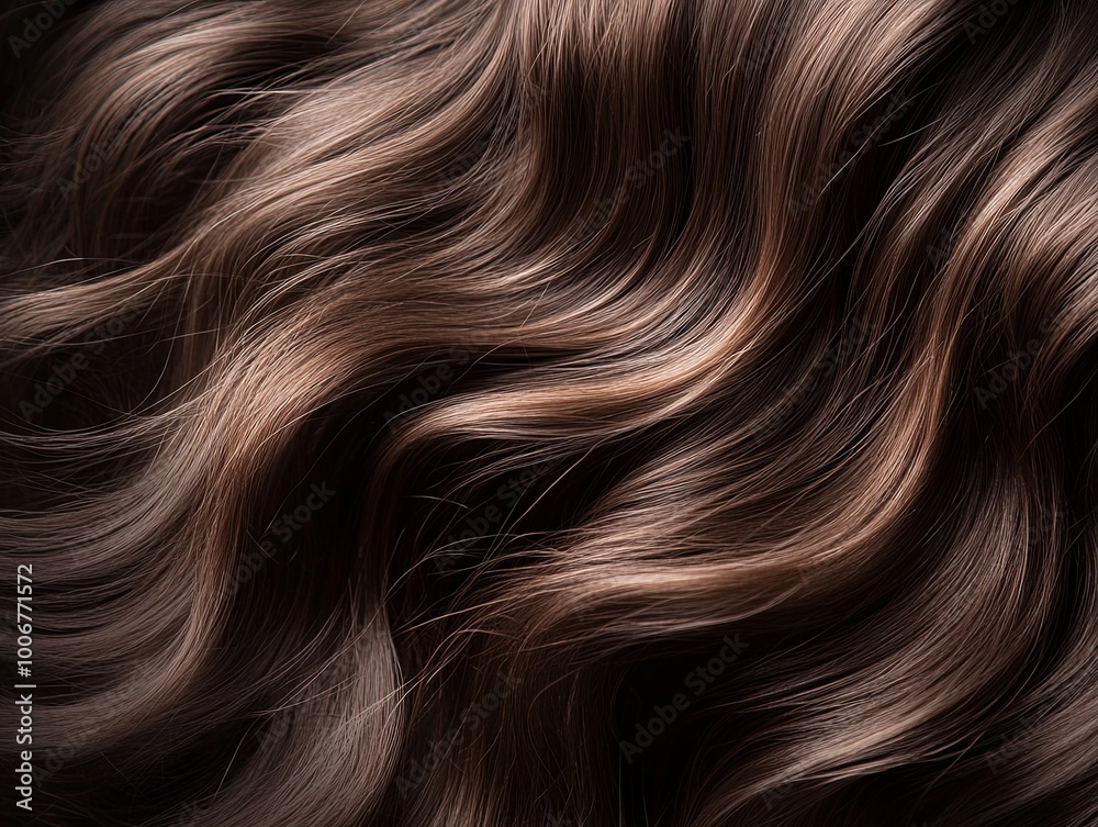 Close-up shot of long, wavy, brown hair. The strands are styled in a smooth, flowing pattern, creating a soft and luxurious texture. Close-up shot of long, wavy, brown hair. The strands are styled in a smooth, flowing pattern, creating a soft and luxurious texture.