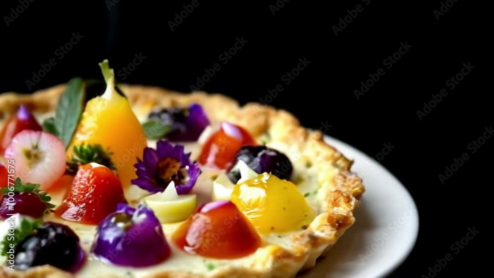 Close-Up Tart Shot with Fancy Condiments and Fade-In Effect or Fade-In Close-Up of Tart with Gourmet Condiments or Detailed Tart Shot with Slow Pan and Fancy Toppings Close-Up Tart Shot with Fancy Condiments and Fade-In Effect or Fade-In Close-Up of Tart with Gourmet Condiments or Detailed Tart Shot with Slow Pan and Fancy Toppings