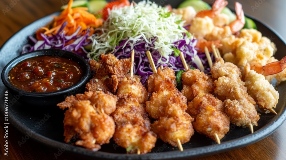 A vibrant plate of assorted skewers, featuring crispy fried chicken, vegetables, and shrimp, served with a side of tangy dipping sauce and garnished with shredded cabbage. A vibrant plate of assorted skewers, featuring crispy fried chicken, vegetables, and shrimp, served with a side of tangy dipping sauce and garnished with shredded cabbage.