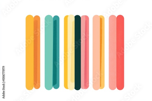 flat graphic design illustration style collection of nine multicolored long thick rectangles on white background stacked vertically and each askew in a different direction sometimes overlapping slight