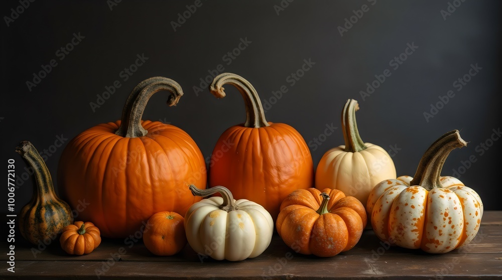 Moody Still Life of Assorted 5 Pumpkins, shot against a dark backdrop with copy space Moody Still Life of Assorted 5 Pumpkins, shot against a dark backdrop with copy space