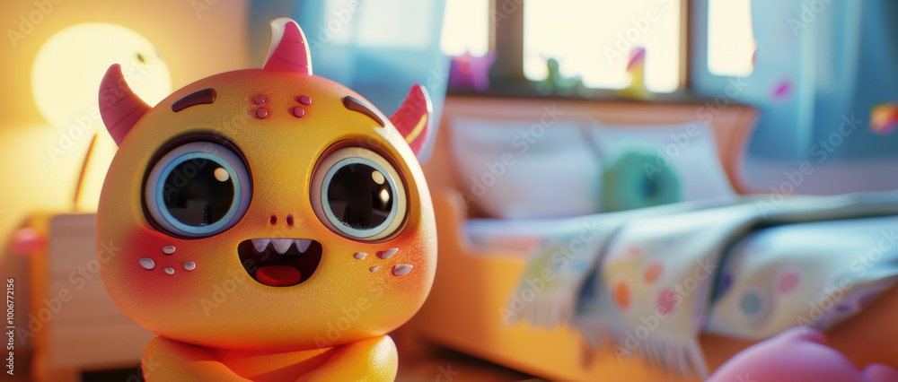 cute 3D character with its large, joyful eyes is set in a vibrant children's room, sitting on a bright bed. This inviting and cheerful scene is perfect for various children's media. cute 3D character with its large, joyful eyes is set in a vibrant children's room, sitting on a bright bed. This inviting and cheerful scene is perfect for various children's media.