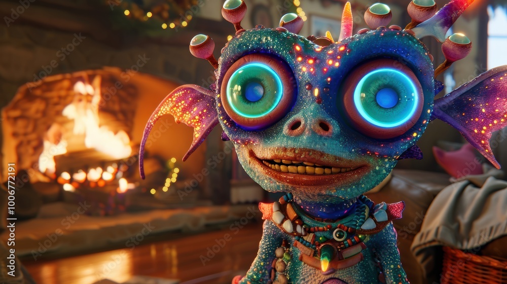 3D character, with a vibrant, neon glow and large, expressive eyes, is perfect for fantasy-themed animations and children's stories, magical adventures and interactive games 3D character, with a vibrant, neon glow and large, expressive eyes, is perfect for fantasy-themed animations and children's stories, magical adventures and interactive games