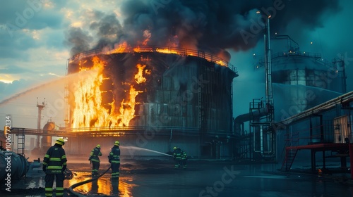 Industrial chemical tank engulfed in flames with thick black smoke, firefighters in protective gear battling the blaze at dusk, highlighting the urgency and danger of the situation. photo