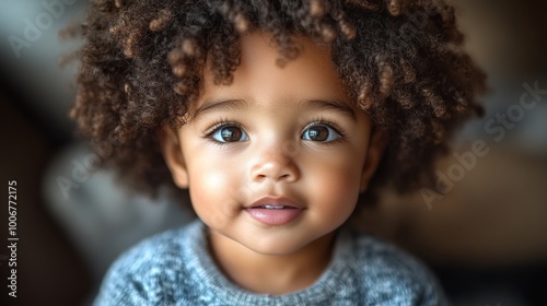  a 2-year-old boy, exceptionally beautiful, with light skin and Afro hair, small curls mixed with straight hair on top