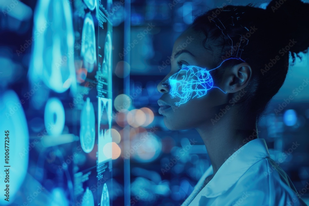 A woman in a lab coat examining information on a display, possibly in a research or scientific setting A woman in a lab coat examining information on a display, possibly in a research or scientific setting