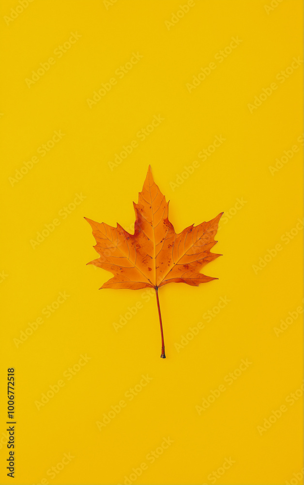 Bright autumn maple leaf on a yellow background. Top view. Flatlay. Bright autumn maple leaf on a yellow background. Top view. Flatlay.