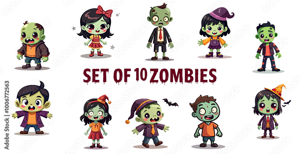 Obraz premium collection of 10 zombie illustrations isolated with no background. Cute female and male green monsters in cartoon style