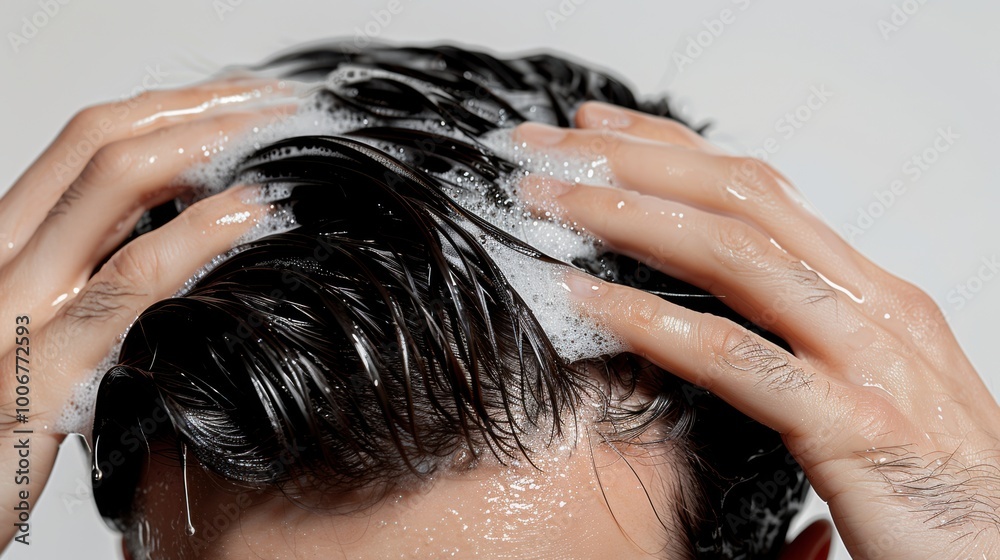 Naklejka premium Young man using shampoo on head isolated on white background, close up of hands holding black hair