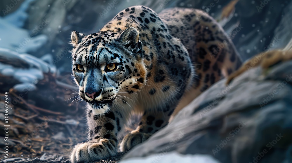 Obraz premium snow leopard prowls through a frozen landscape, its piercing eyes scanning the surroundings. This close-up captures the power and beauty of this elusive big cat in its natural habitat.