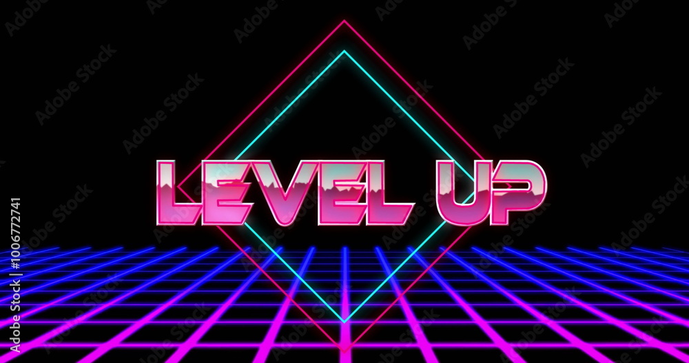 Naklejka premium Image of level up text over neon lines on black background