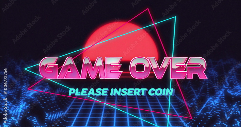 Obraz premium Image of game over text over digital waves and sun on black background